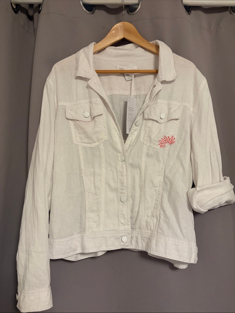 Caslon White Linen Denim Jacket with Pink Floral Stitching